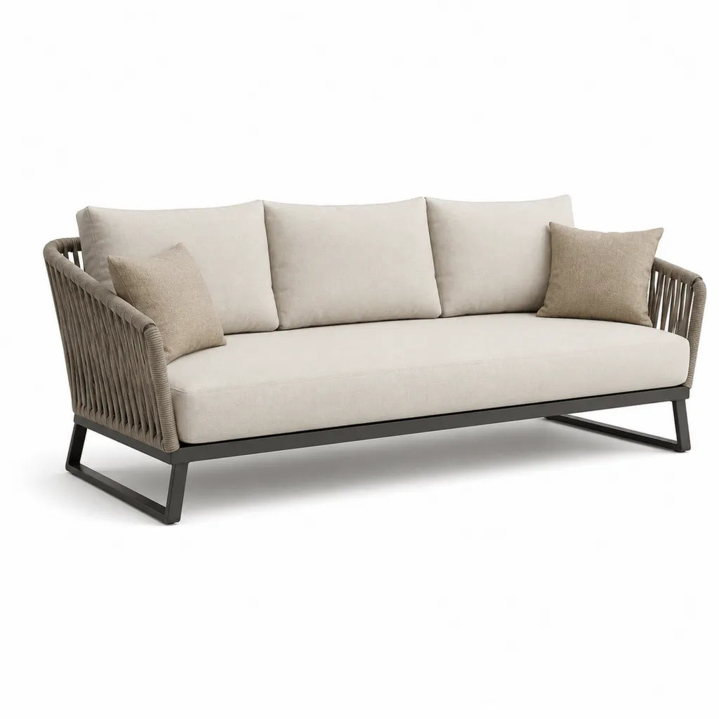 Canape de jardin 3 places en acier et corde PE beige 210 x 85 x 75 cm