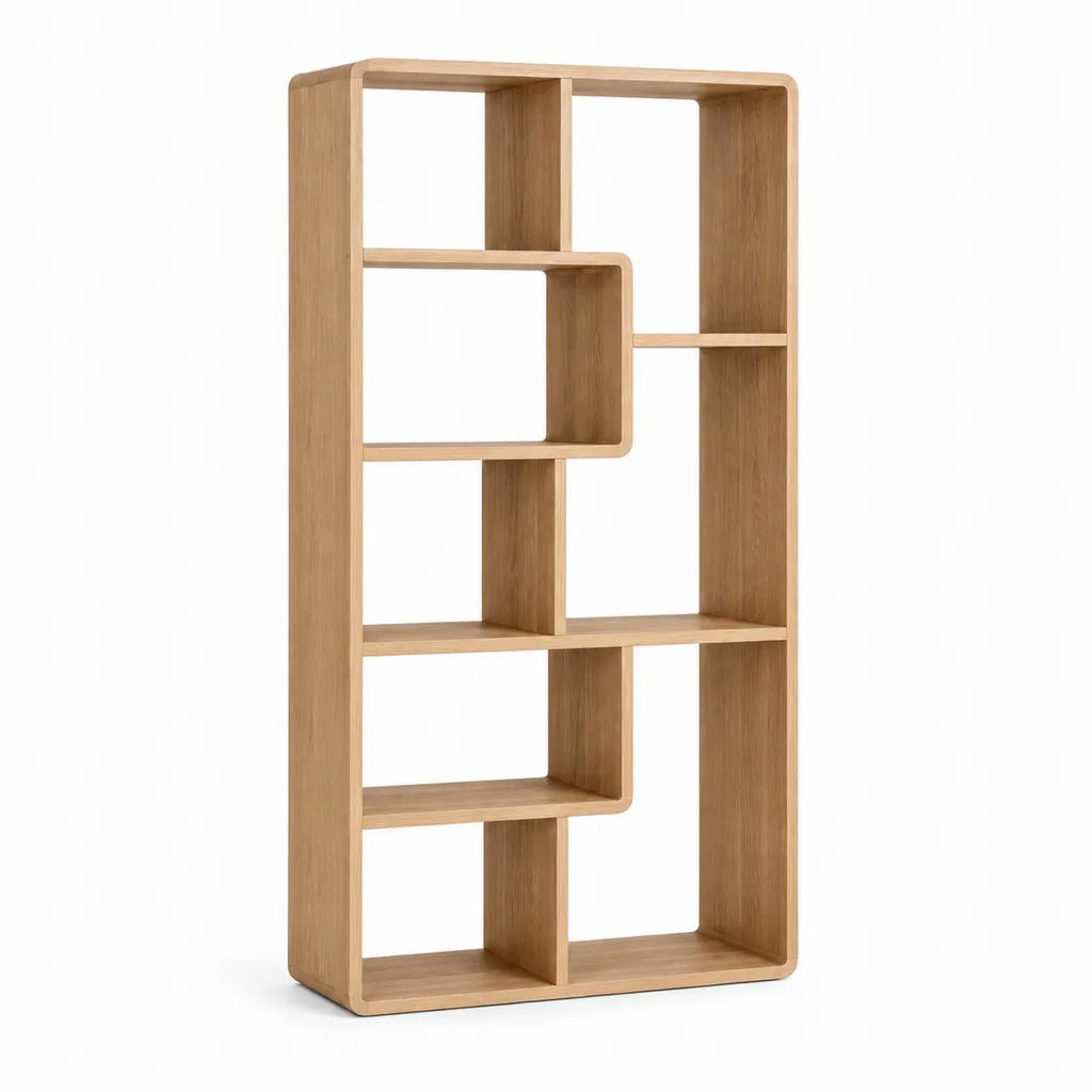 Bibliotheque ouverte asymetrique en MDF finition decor chene naturel 80 x 30 x 180 cm