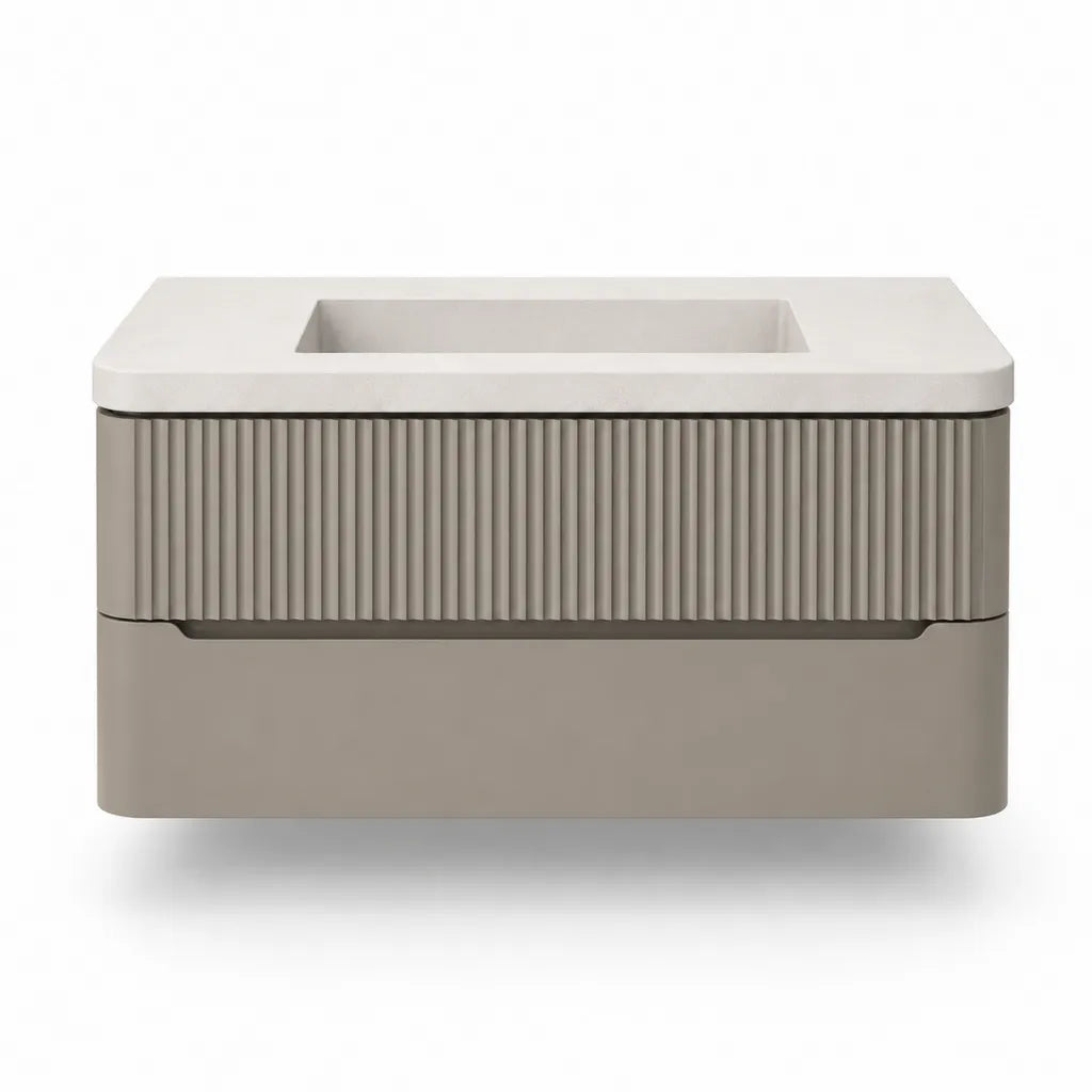 Meuble sous vasque suspendu 80 x 46 x 50 cm en MDF laque taupe avec vasque rectangulaire en ceramique blanche