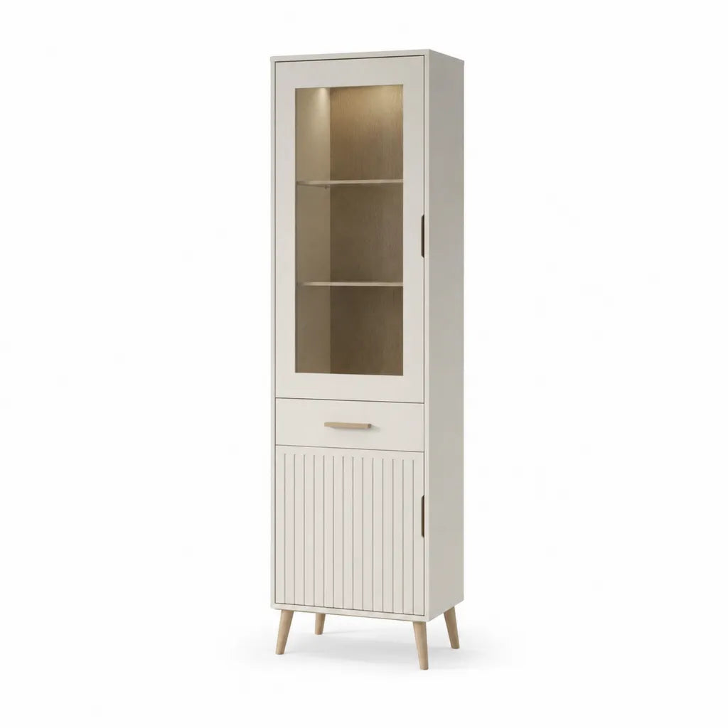 Vitrine de salon haute rectangulaire 50 x 40 x 180 cm en panneaux MDF blanc casse avec verre trempe et pieds en hevea