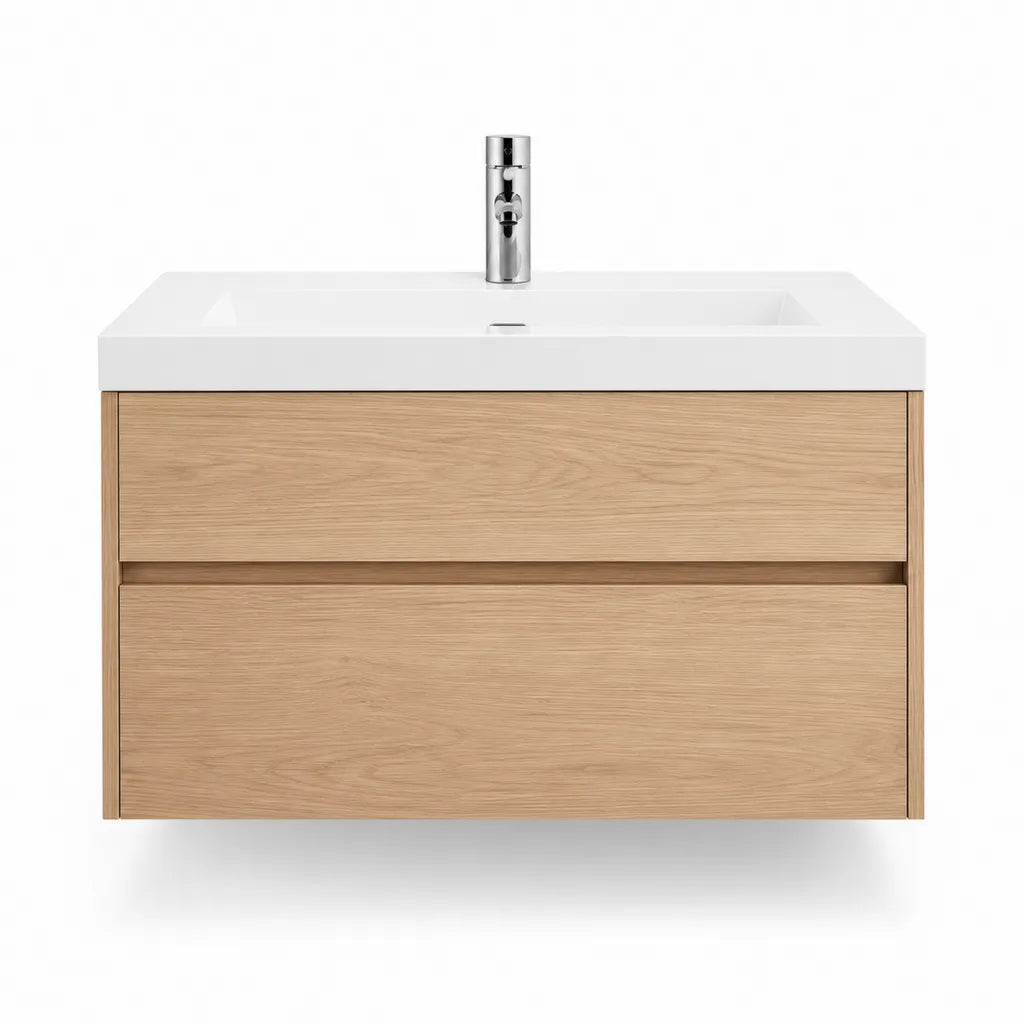 Meuble sous vasque suspendu 80 x 46 x 56 cm en MDF plaque chene avec vasque rectangulaire blanche