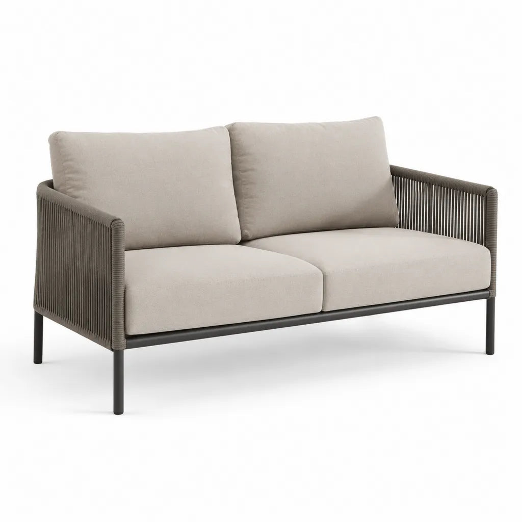 Canape de jardin 2 places en aluminium et corde tressee gris beige 140 x 75 x 78 cm