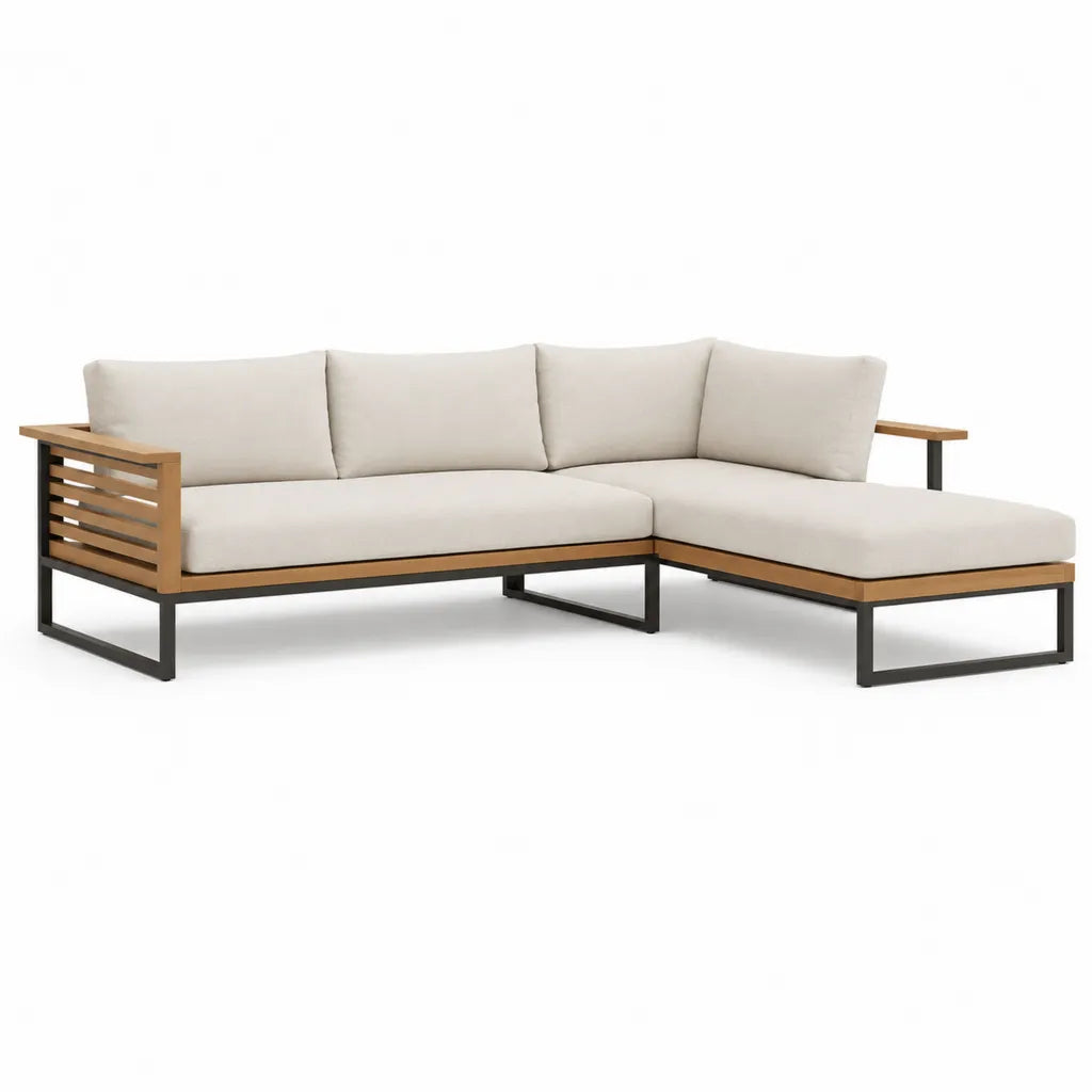Canape de jardin d'angle 3 places en acier et bois d'acacia beige 218 x 150 x 82 cm