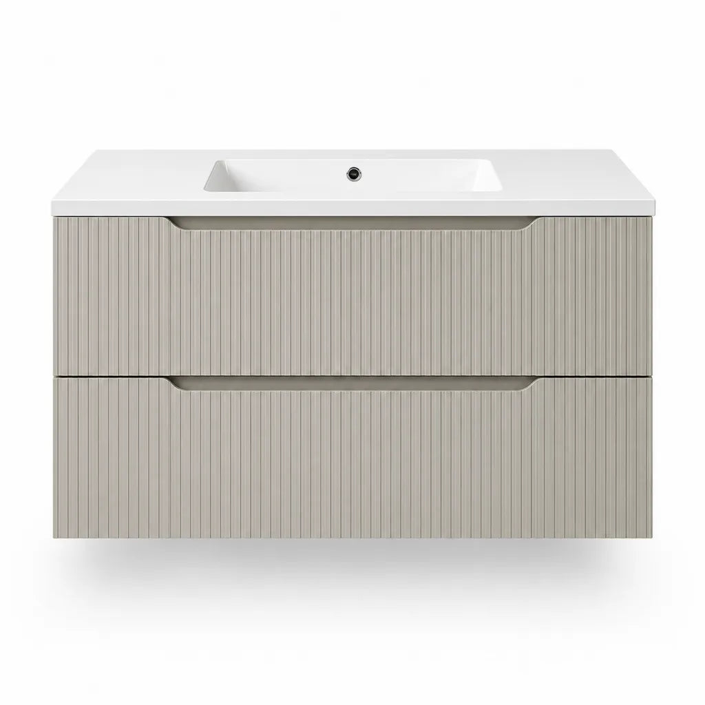 Meuble sous vasque suspendu avec vasque en ceramique 100 x 46 x 56 cm MDF beige a 2 tiroirs