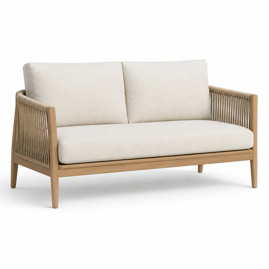 Canape de jardin 2 places en acacia et corde PE beige naturel 128 x 75 x 78 cm