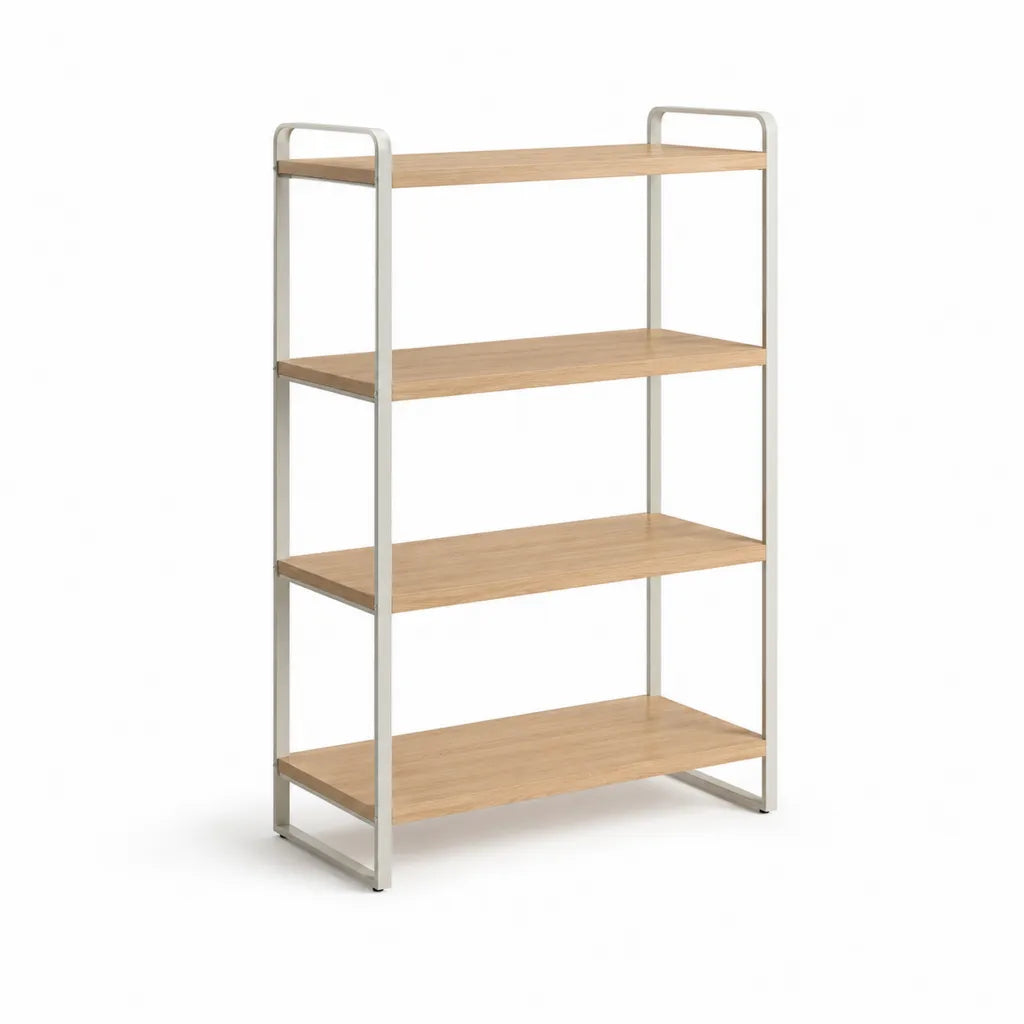 Bibliotheque etagere 4 niveaux 80 x 30 x 140 cm en MDF decor chene et acier blanc