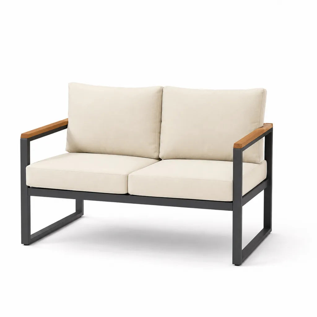 Canape de jardin 2 places rectangulaire en acier thermolaque et acacia beige noir 124 x 70 x 75 cm