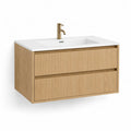Meuble sous vasque suspendu 80 x 46 x 55 cm en MDF melamine chene avec lavabo rectangulaire blanc et 2 tiroirs