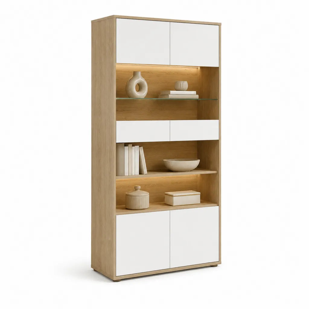 Vitrine de salon haute 90 x 40 x 185 cm en panneaux de particules decor chene et blanc
