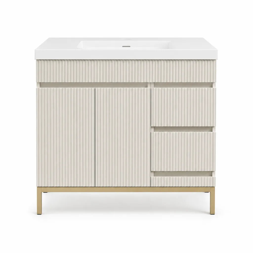 Meuble sous vasque sur pieds avec lavabo 90 x 46 x 85 cm MDF blanc creme et acier dore