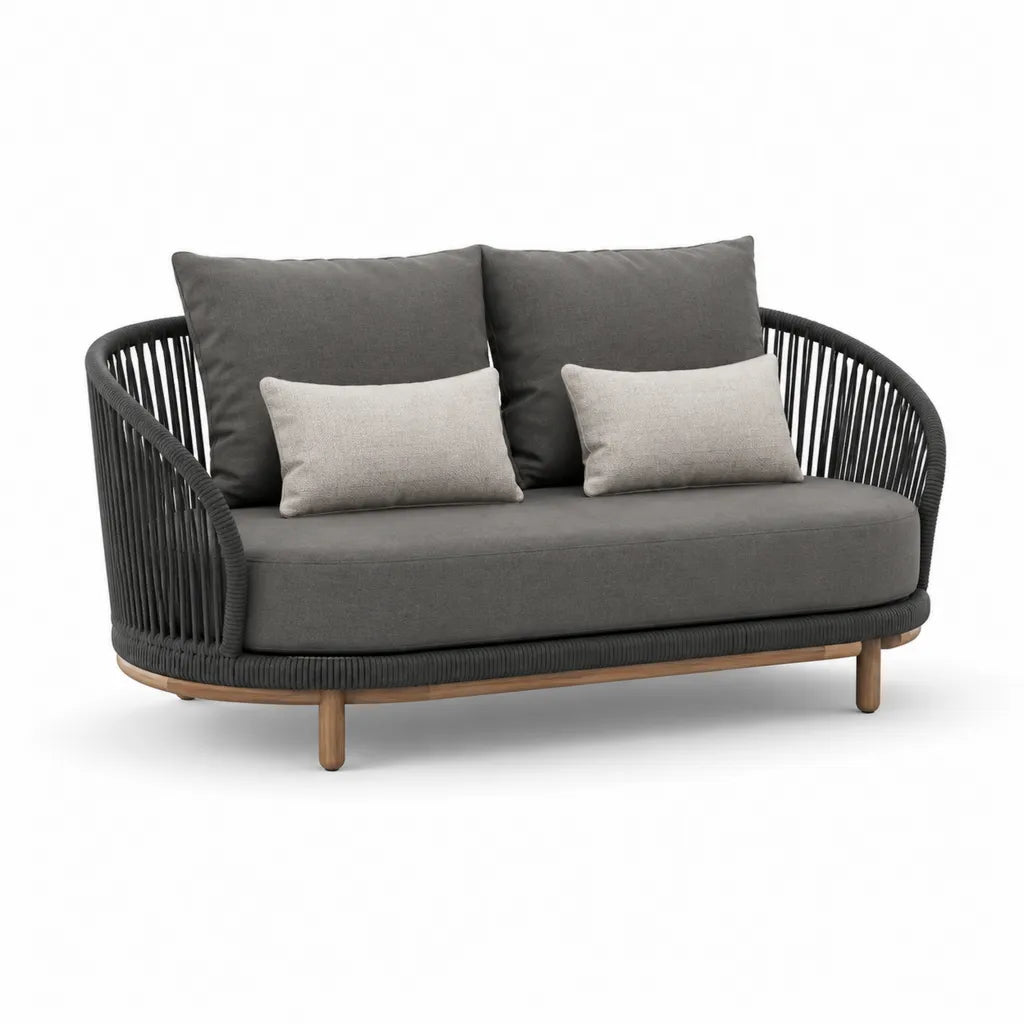 Canape de jardin 2 places arrondi en corde polypropylene gris anthracite avec pieds en bois d'acacia 160 x 80 x 78 cm