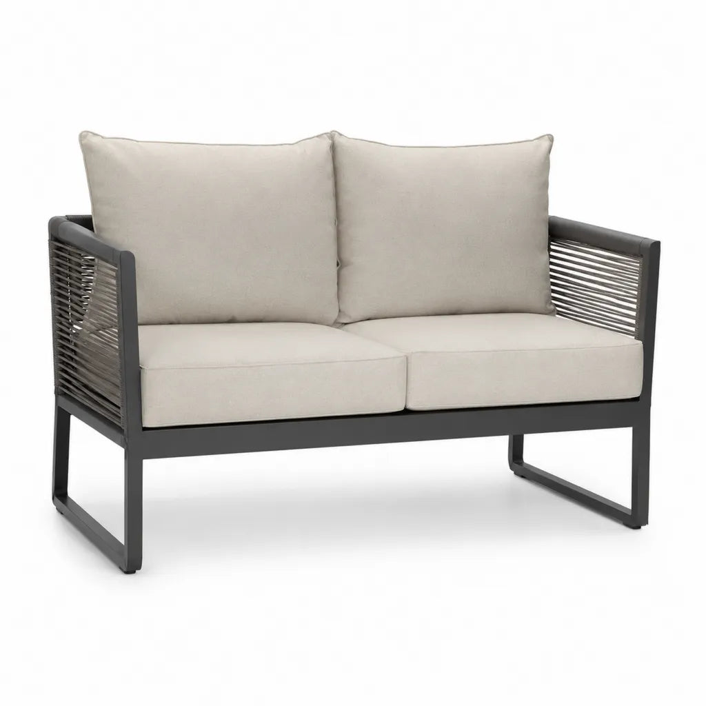 Canape de jardin 2 places en aluminium et corde tressee beige 130 x 75 x 75 cm
